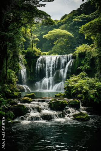 Serene Waterfall Nestled in Lush Greenery Ideal for Travel and Nature Exploration