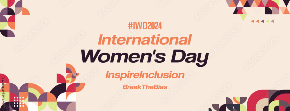 International Women's Day banner. Modern geometric background in colorful style for women day. Happy women's day greeting card cover with text. Happy world women's day 2024 for Inspire Inclusion