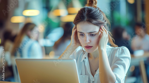 stressed young woman with her hands on her head is looking at a laptop screen with a worried expression, possibly dealing with a problem or challenging work