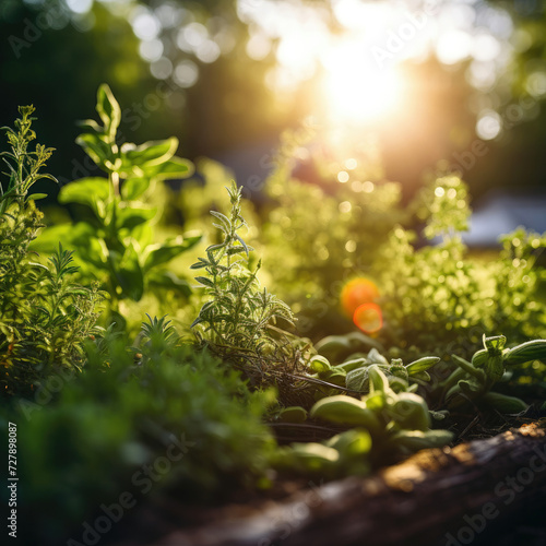 Sunrise over lush garden promoting natural wellness and eco-friendly agriculture