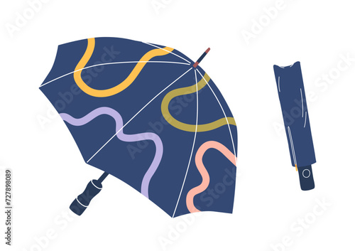 Umbrella For Rain Or Sun Protection. Portable Device Consist Of A Collapsible Frame And A Fabric Canopy, Provide Shelter