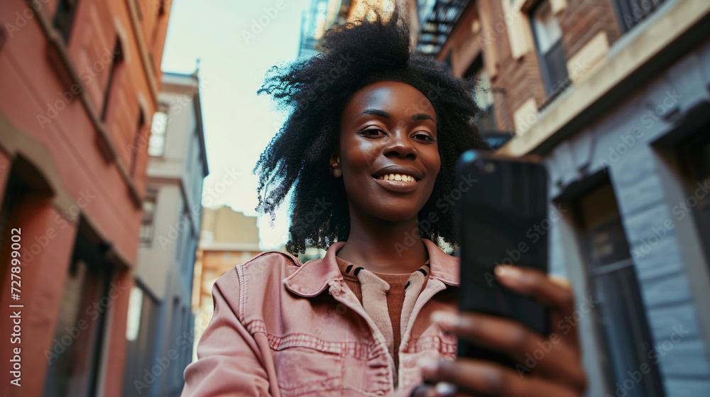 a young dark-skinned woman with curly hair walks through a city, holding her cell phone in her hand and looking at the camera with a laugh