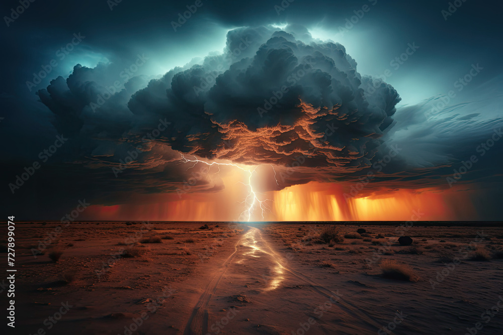 Majestic storm with lightning illuminating desert pathway perfect for environmental power and adventure concepts