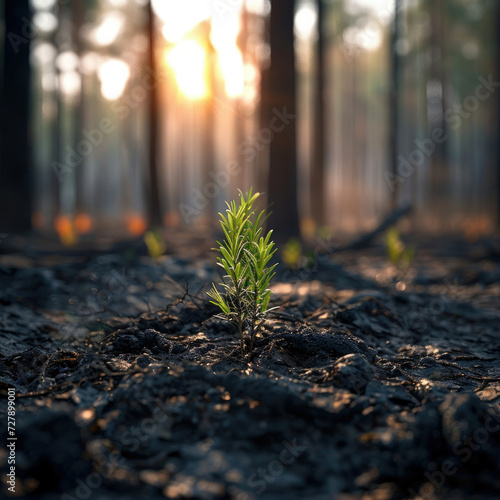 Young plant sprouting from burnt soil at sunset - symbol of hope and renewal for environmental campaigns
