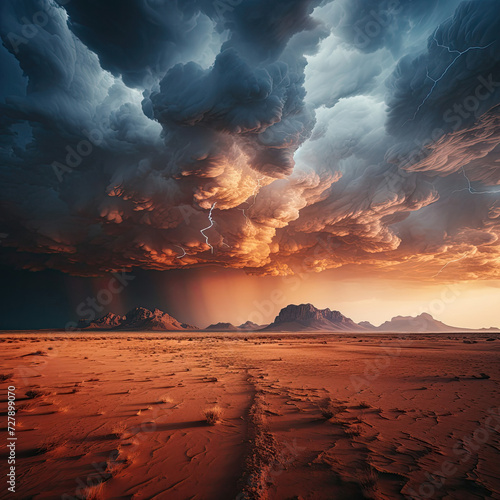 Dramatic desert landscape with thunderstorm and lightning ideal for adventure tourism and travel industry