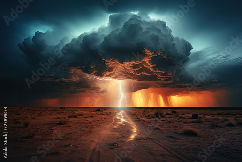 Majestic storm with lightning illuminating desert pathway perfect for environmental power and adventure concepts