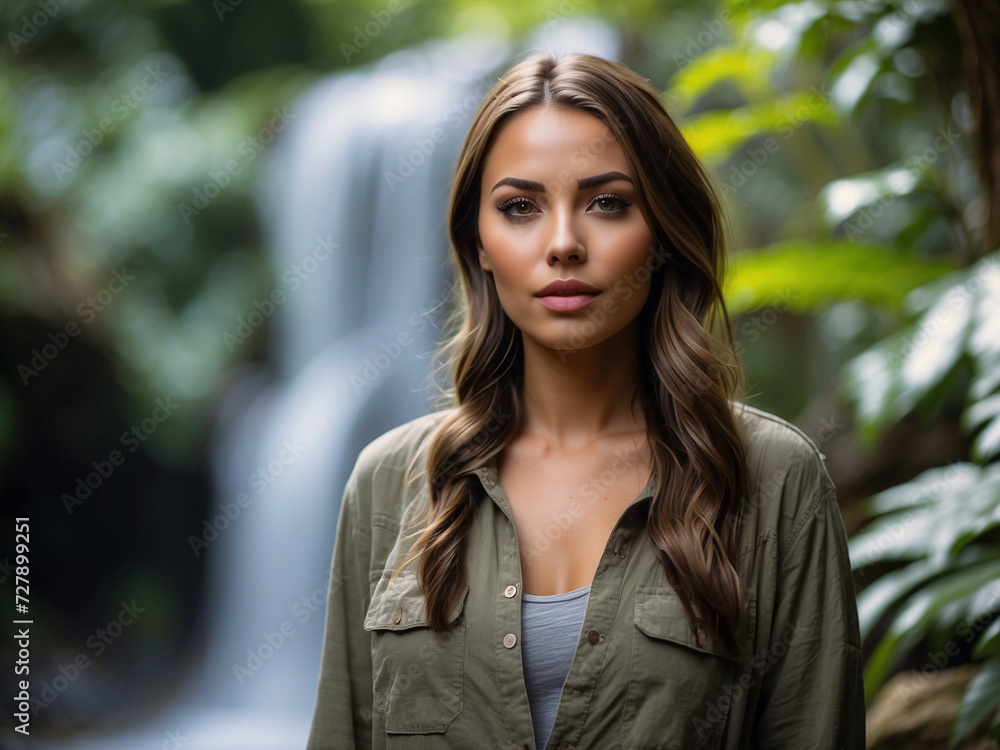Naturesque Beauty: Attractive Girl Posing in Front of Majestic Waterfalls, A Captivating Scene of Serenity and Charm, Perfect for Tranquil Moments, Generative AI. Naturesque Beauty: Attractive Girl Posing in Front of Majestic Waterfalls, A Captivating Scene of Serenity and Charm, Perfect for Tranquil Moments, Generative AI.