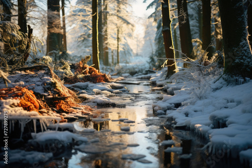 Tranquil winter morning in a serene snowy forest with sunlight reflecting on a peaceful stream travel destination with the beauty of untouched nature