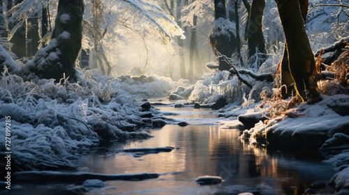 Tranquil winter morning by the forest creek with golden sunlight reflecting on icy water perfect for nature-themed visuals and outdoor serenity