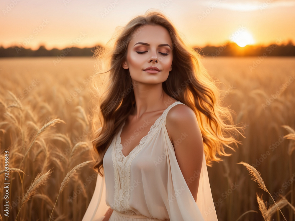 Harvest of Radiance: Beautiful Girl in a Sunlit Farm Field, Embracing the Bounty of a Sunny Day During Harvest Season, Perfect for Rustic and Organic Inspirations, Generative AI.