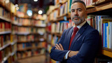 distinguished looking middle-aged man with salt and pepper hair, wearing a suit and standing with his arms crossed in front of a bookshelf filled with books