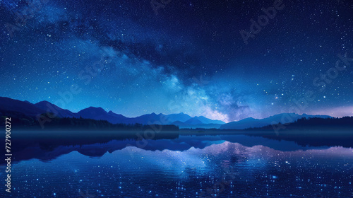 Starry night sky with Milky Way over tranquil mountain lake intended for peaceful background or contemplative nature theme usage