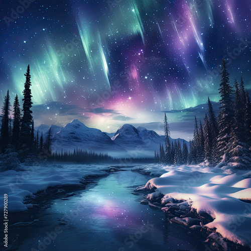 Magical winter night with aurora borealis over snowy mountains and river ideal for travel and tourism