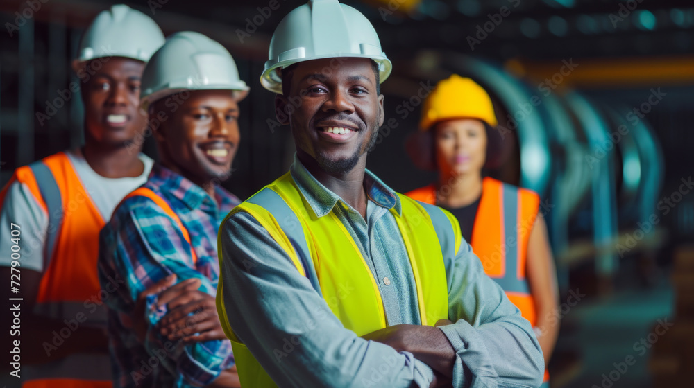 group of cheerful construction workers in safety gear group of cheerful construction workers in safety gear