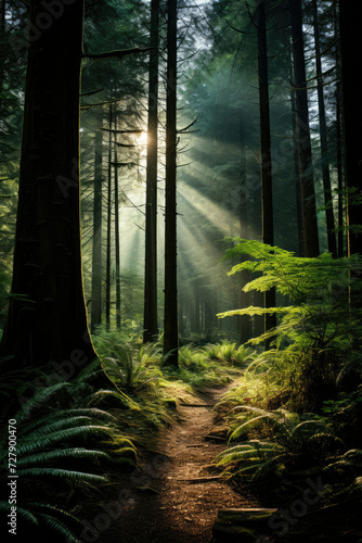Sunlight filtering through a serene forest path suggesting eco-tourism and a connection with nature