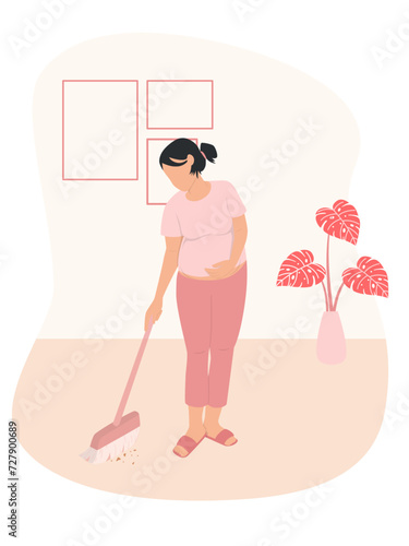 women doing housework, sweep the floor
