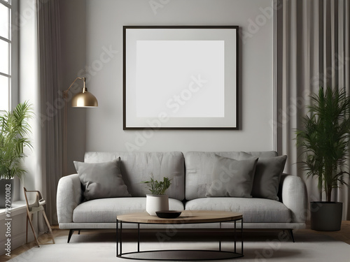 Photo frame mockup,living room wall poster mockup. Interior mocking with house background modern interior design 3d rendering black room. No text or letters.