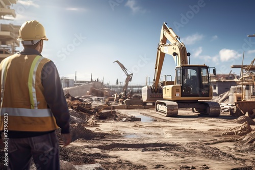 "Building Dreams: Construction Workers in Action with Excavator"