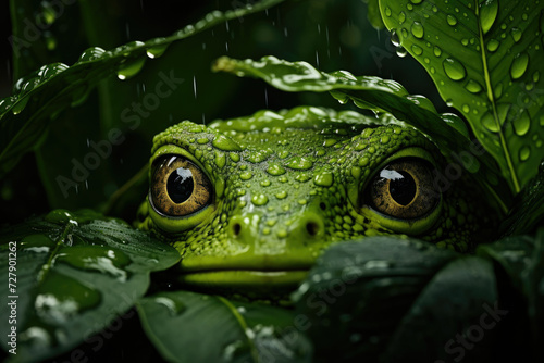 Close-up wildlife image of a wet green frog with vibrant eyes camouflaged among rain-drenched leaves possible use in conservation education or nature themed design
