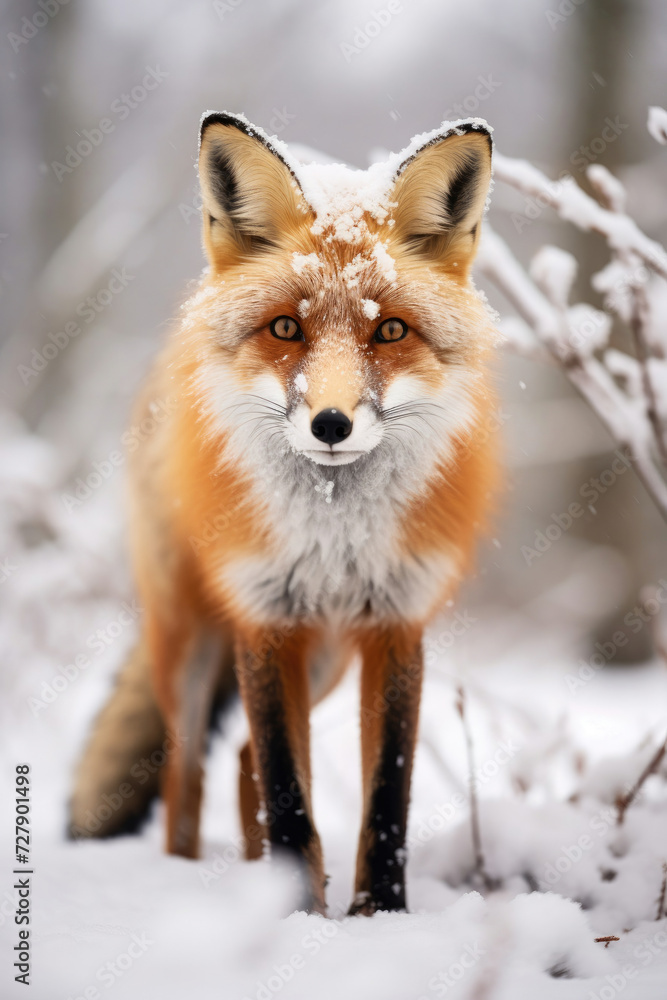 Alert fox in a serene snowy forest evoking wildlife conservation and the beauty of nature in winter