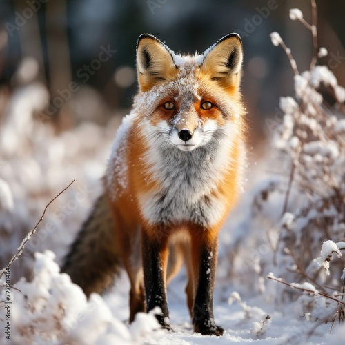 Orange fox in snowy forest conveying calm and curiosity perfect for nature and wildlife themes