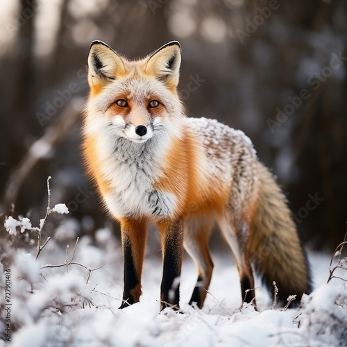 Alert fox standing in a snowy forest illustrating wildlife conservation education and nature themes © Made360