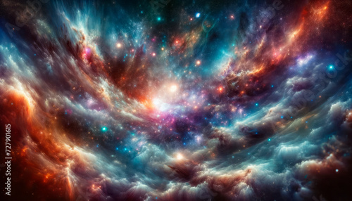 Dynamic space scene with cosmic dust and colorful nebulae across the galaxy. Generative AI