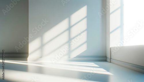 Sunny room corner with shadow of window, minimalist design. Light and space concept. Generative AI