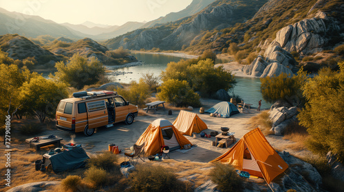 Top view of the offroad camp with modern campervan, ground tents, bbq, near mountains river