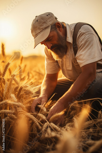 Bearded mature farmer harvesting wheat in the golden sunset light symbolizing agriculture dedication and rural lifestyle