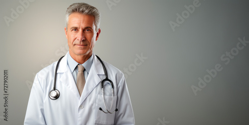 Mature doctor with stethoscope, professional in white labcoat against a grey backdrop. Medical reliability. Generative AI