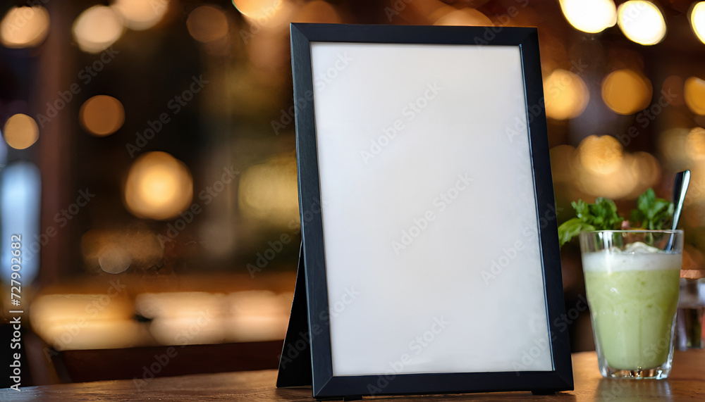 Close-up of a menu frame mockup with food and drinks in the background., with a blurred or bokeh background. Close-up of a menu frame mockup with food and drinks in the background., with a blurred or bokeh background.