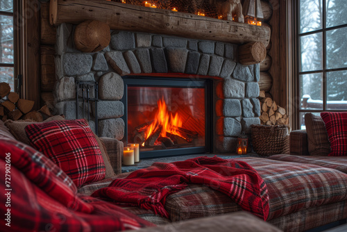 A cozy fireplace scene  with a crackling fire and comfortable seating  creating an intimate ambiance for winter evenings. Concept of fireside comfort. Generative Ai.