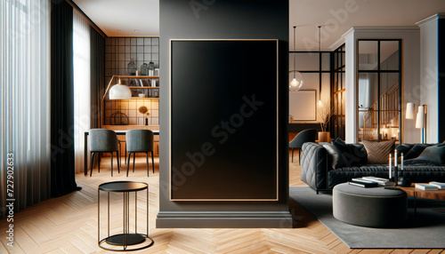 Sophisticated living space with large mockup frame and elegant black and wood tones. Generative AI