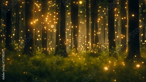 Beautiful fairy-tale dense forest with burning fireflies in the background, generated ai photo
