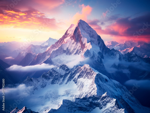 Sunset alpenglow on a majestic mountain summit above the clouds. Generative AI © Who is Danny