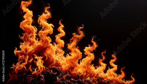 Dancing flames with intricate patterns on a dark background. Dynamic fire texture. Generative AI