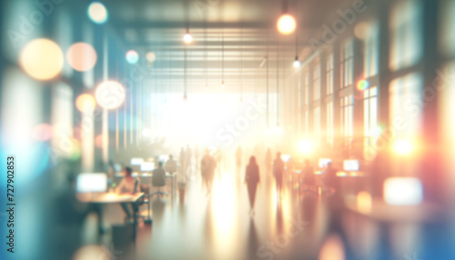 Defocused office environment with people and warm bokeh lights, dynamic workplace. Generative AI