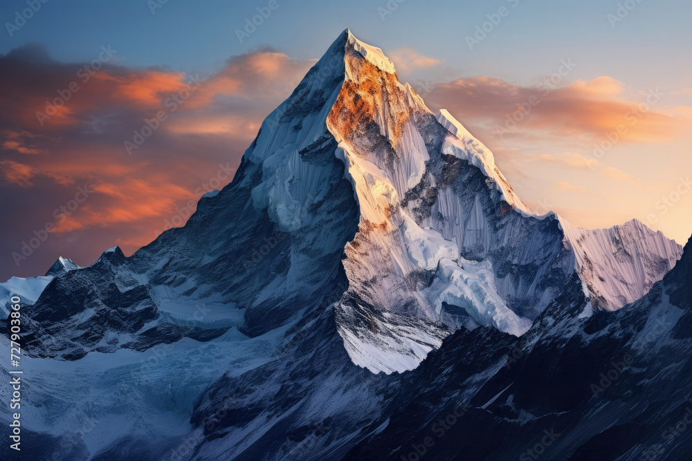 Majestic mountain peaks covered in snow during golden hour serene and tranquil perfect for travel and mountaineering