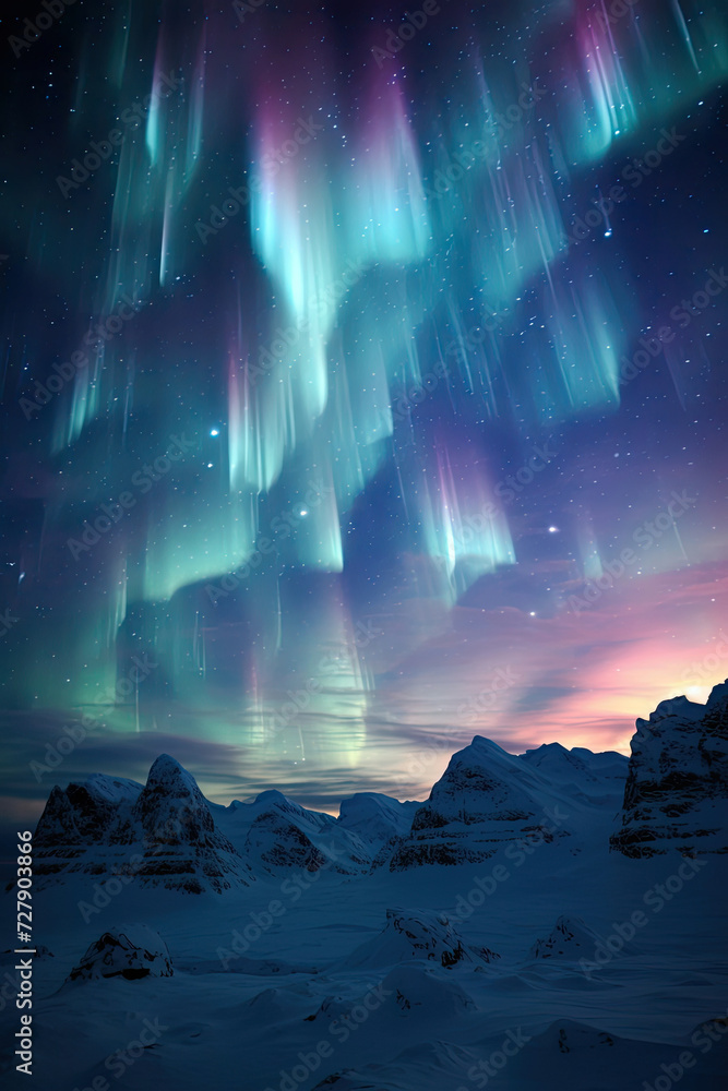 Breathtaking view of Aurora Borealis over snow-covered mountains ideal for travel and tourism