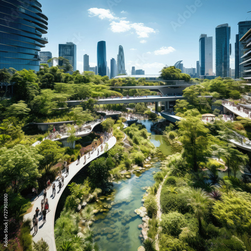 Sustainable cityscape with pedestrians enjoying a tranquil garden among modern skyscrapers and clear skies promoting eco-friendliness and work-life balance in an urban environment