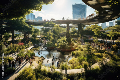 Futuristic urban park with elevated walkways and lush greenery providing tranquil leisure space for visitors of mixed ages in a sunny eco-friendly cityscape