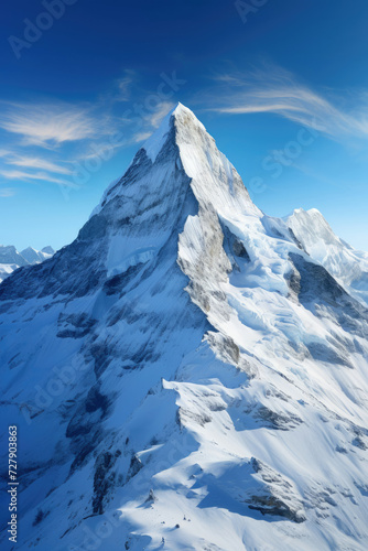 Majestic snow-covered mountain peak under blue sky ideal for travel and tourism industries conveying grandeur adventure altitude and natural wonder © Made360