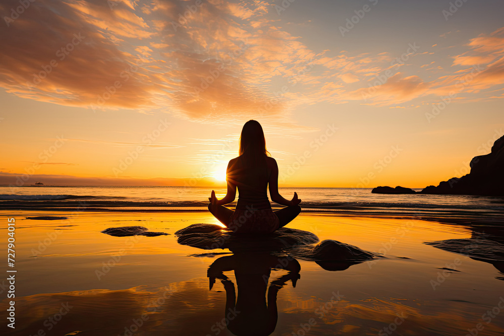 Silhouette of a woman meditating on the beach at sunset conveying serenity wellness and spirituality ideal for health and yoga industry Silhouette of a woman meditating on the beach at sunset conveying serenity wellness and spirituality ideal for health and yoga industry