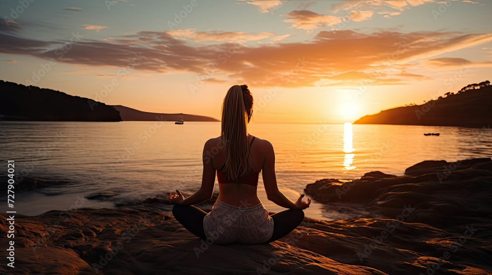 Tranquil image for wellness and lifestyle themes with woman meditating at sunset by water showcasing calm contemplation and serenity in nature