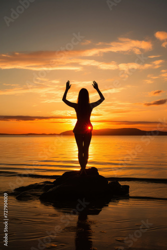 Silhouette of a woman practicing yoga at sunset near water promoting a mood of serenity and tranquility for wellness and meditation content
