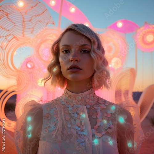 A thoughtful woman dressed in a decorated sheer top stands before neon spiral lights at dusk