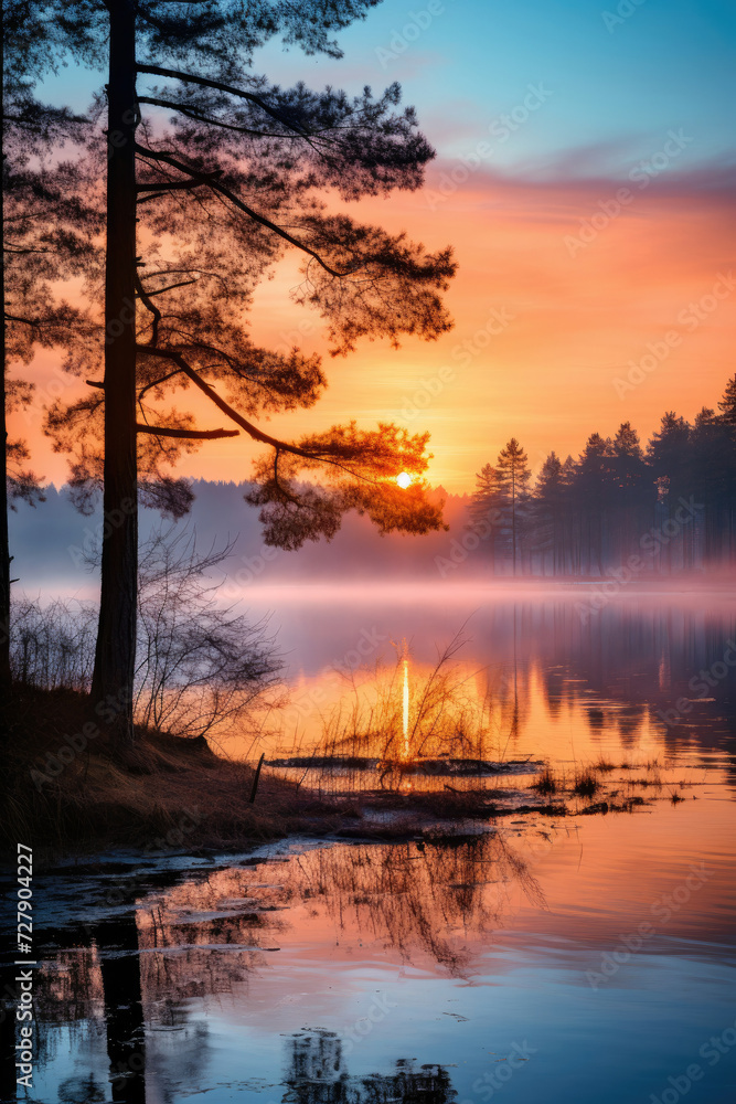Sunset over a tranquil lake with reflections and mist capturing serenity and scenic beauty suitable for nature-themed backgrounds and environmental concepts