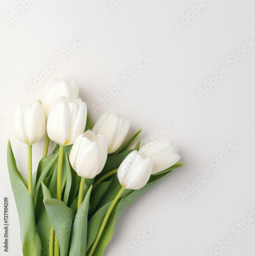 Bouquet of white tulips on white background with copy space