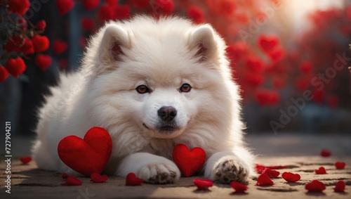 A red heart in the paws of Samoyed dog
